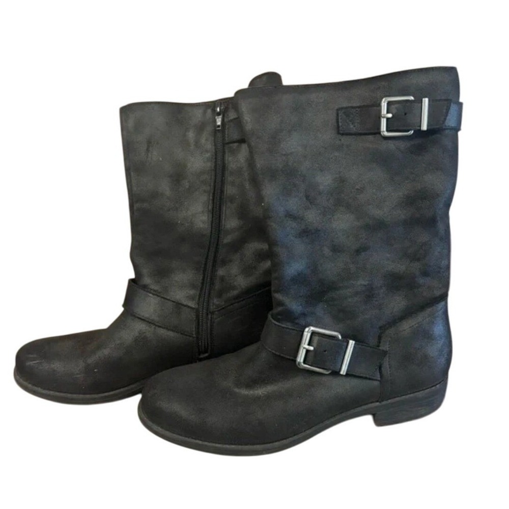 Crown Vintage Black Moto Biker Boots Mid Calf Buckle Zip Womens 10M